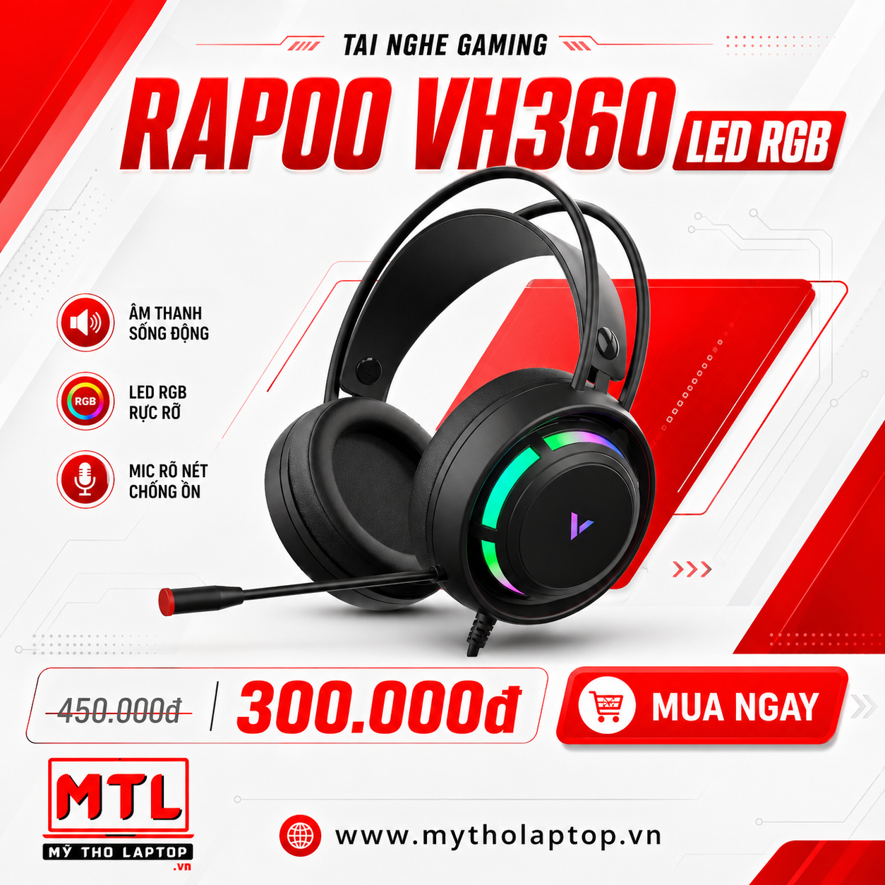 Tai nghe gaming có dây Rapoo VH360 USB, LED RGB