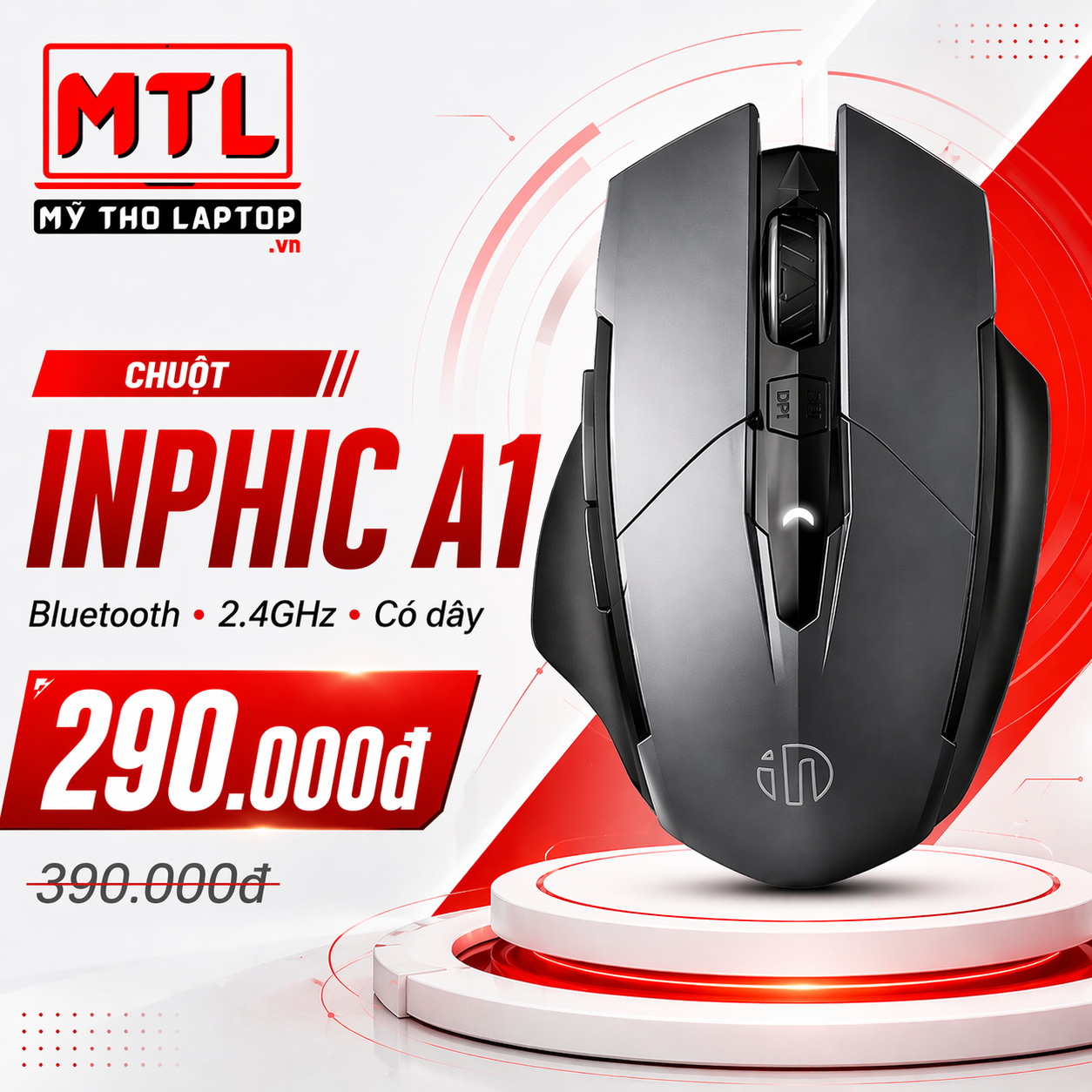 Chuột máy tính Bluetooth + không dây 2.4GHz + có dây INPHIC A1 Đen