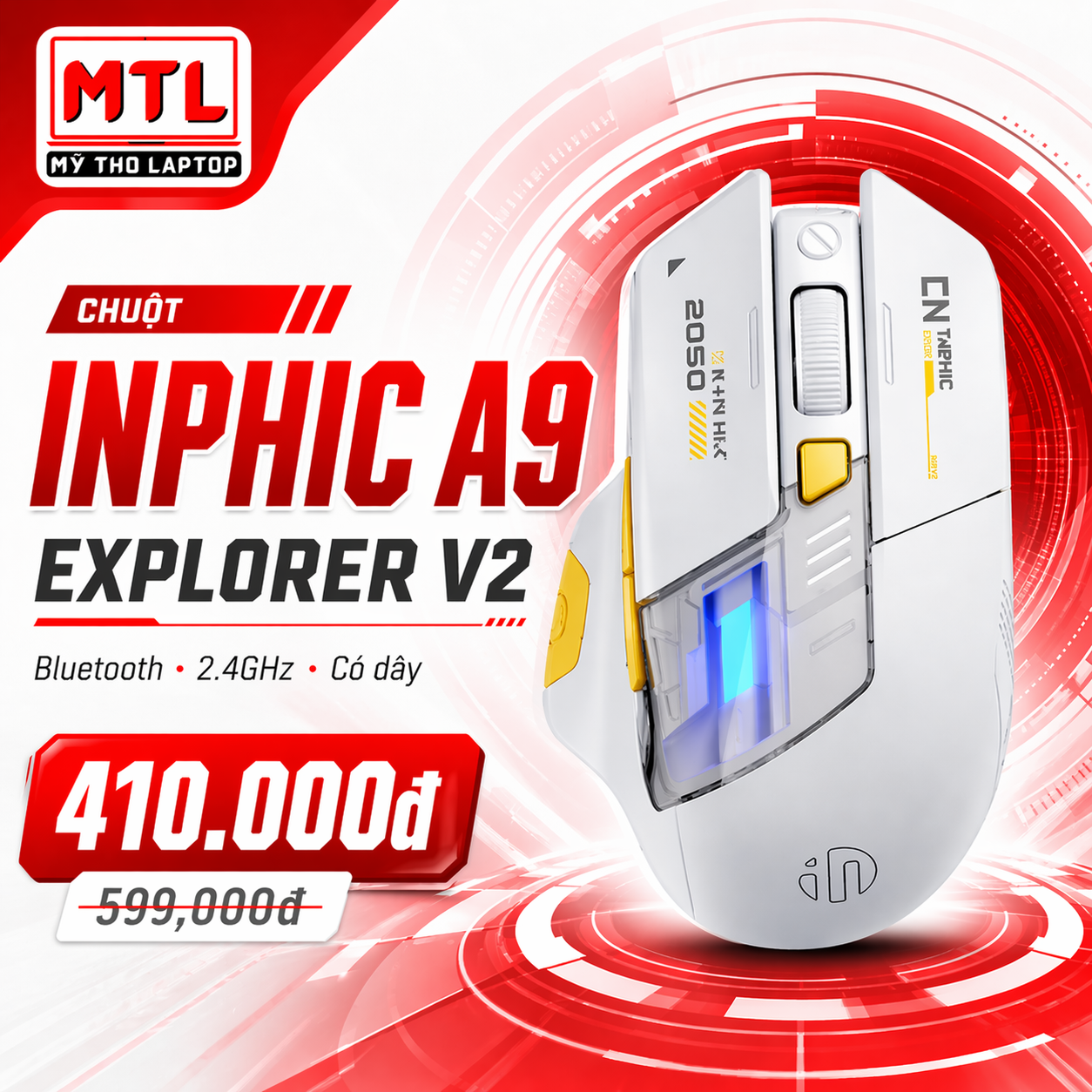 Chuột máy tính Bluetooth + không dây 2.4GHz + có dây INPHIC A9 Explorer V2 Trắng