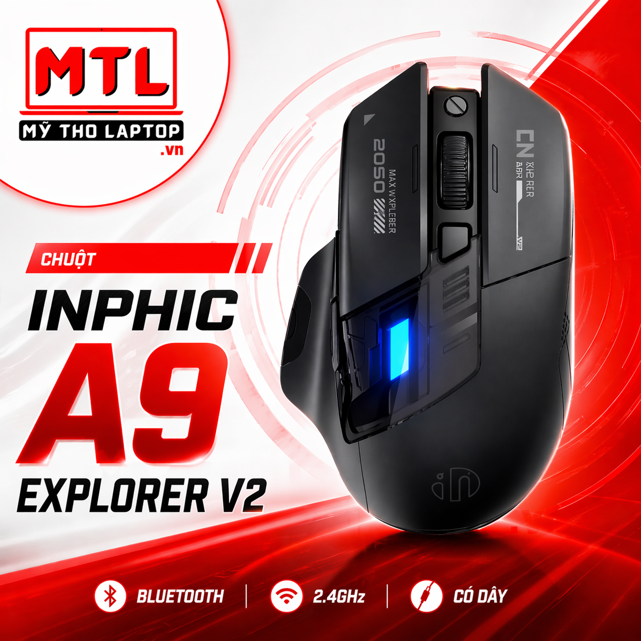 Chuột máy tính Bluetooth + không dây 2.4GHz + có dây INPHIC A9 Explorer V2 đen