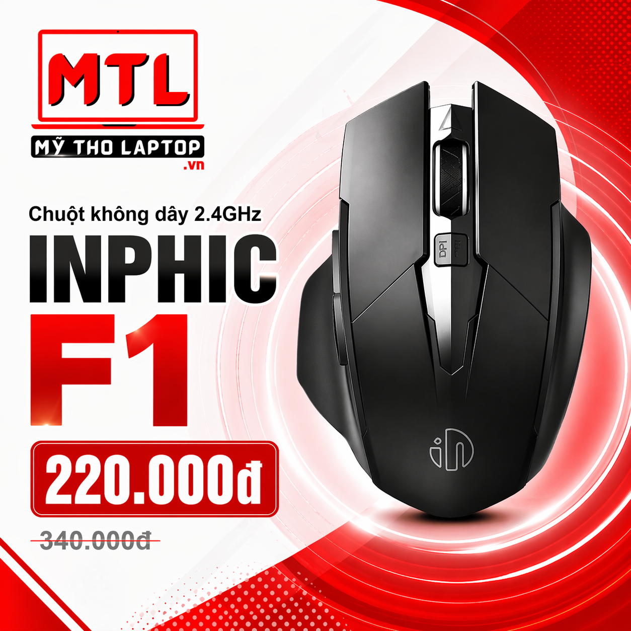 Chuột máy tính không dây 2.4GHz INPHIC F1 Đen