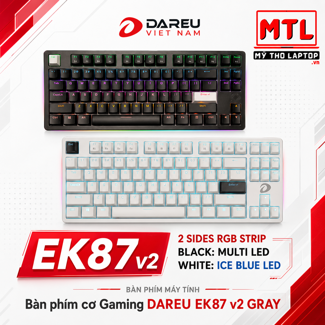 Bàn phím cơ Gaming DAREU EK87 v2 GRAY BLACK (2 sides RGB strip, Multi-Led, PBT Double Shot OEM profile, DareU DREAM sw)