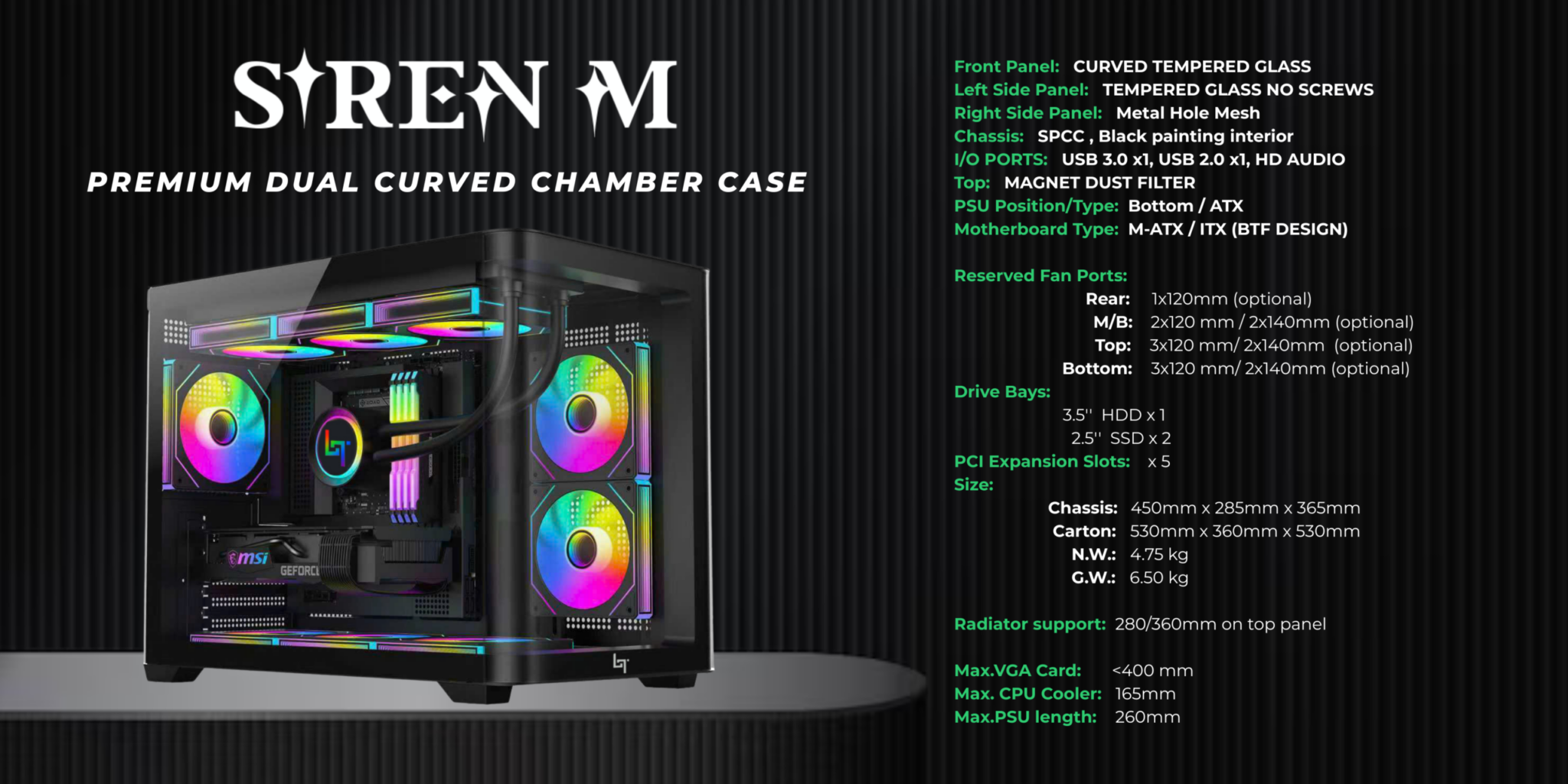 Alternative view of Case LinkTech Siren M (Chưa kèm Fan) | M-ATX/ITX, Mặt kính cong, Đen
