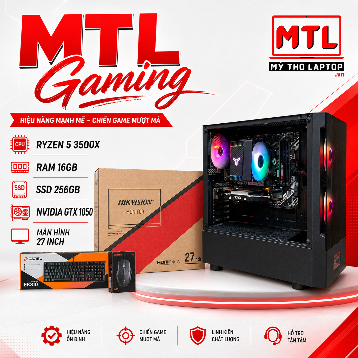 Full bộ Gaming | Ryzen 5 3500X | Ram 16GB | SSD 256GB | Nvidia GTX 1050 | Màn hình 27 inch | Chuột phím