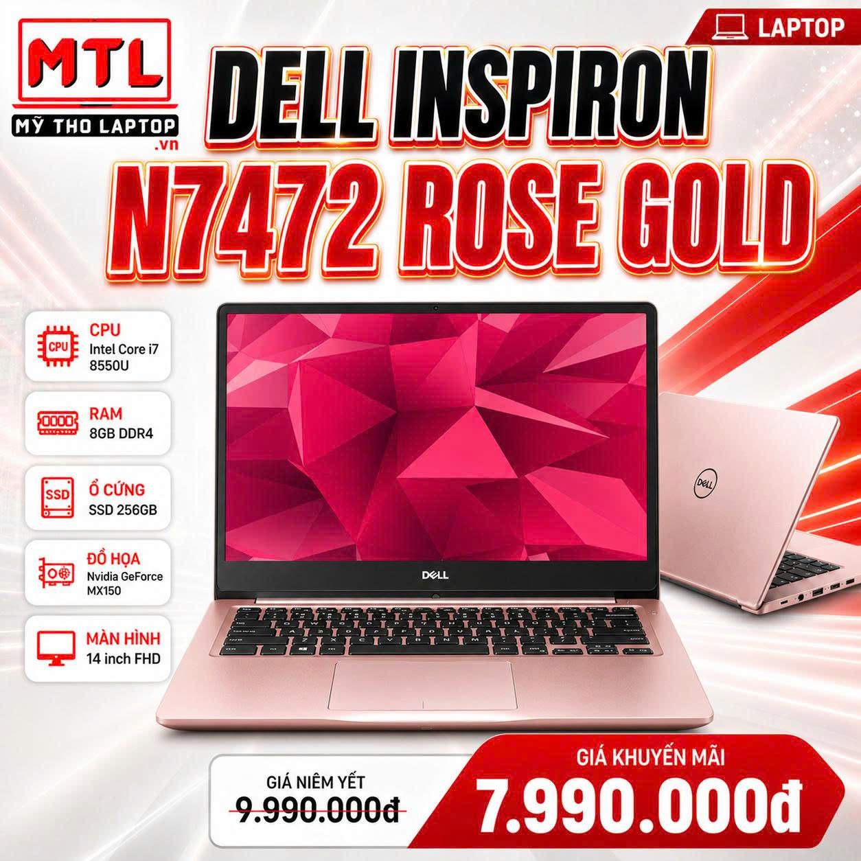 Dell Inspiron N7472 Rose Gold | Core i7 8550U | Ram 8GB | SSD 256 GB | Nvidia GeForce MX150 | 14 FHD