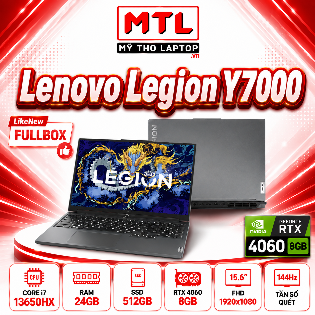 [LikeNew Fullbox] Lenovo Legion Y7000 | Core i7-13650HX | Ram 24GB | SSD 512GB | RTX 4060 8GB |15.6” FHD 144Hz