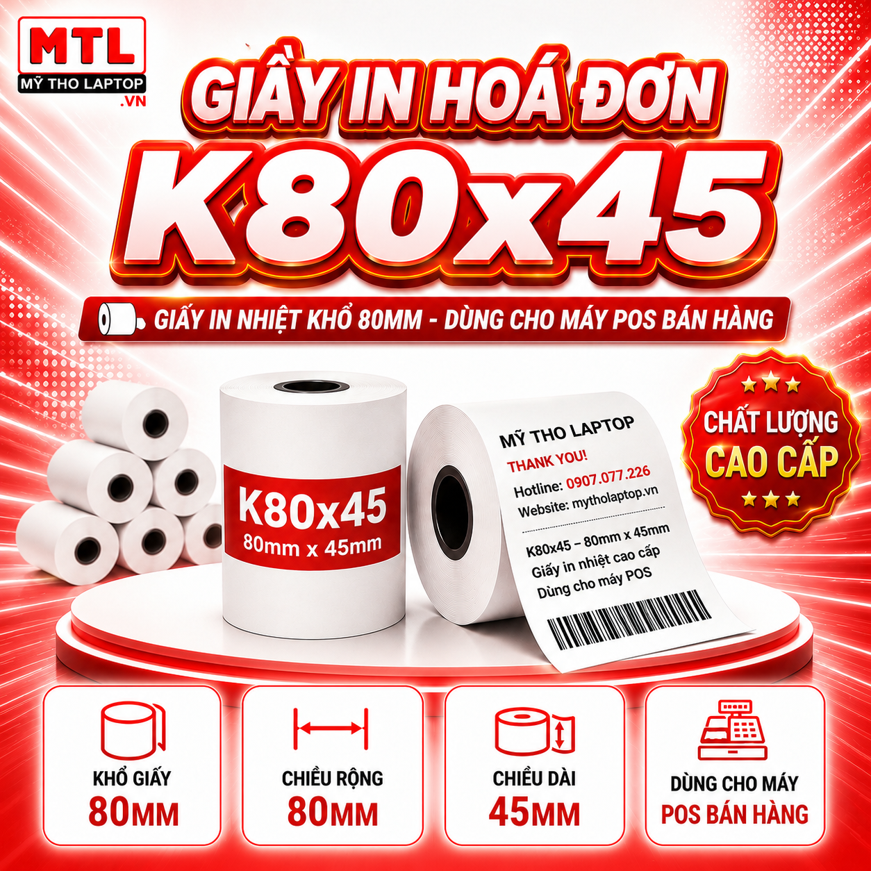 Giấy in Hóa Đơn in Bill K80 K80x45 - Giấy in nhiệt khổ 80mm - dùng cho máy POS bán hàng